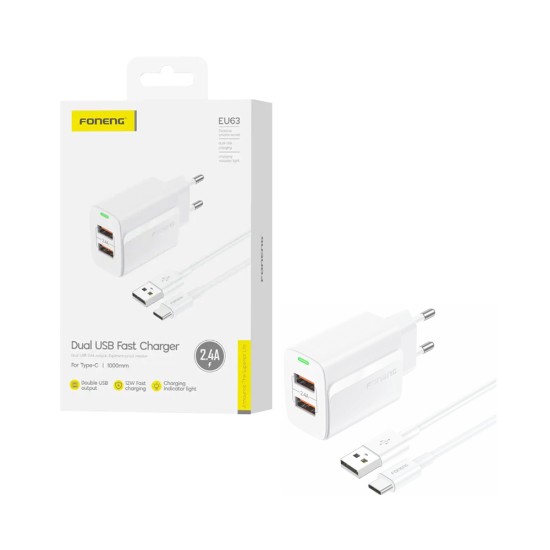 Foneng Charger EU63 with Type-C Cable 1m Dual Port USB-A 2.4A White